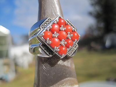 Captivating Round Red Coral  W/ Black Diamond Accents Sz.11 Set Sterling Silver