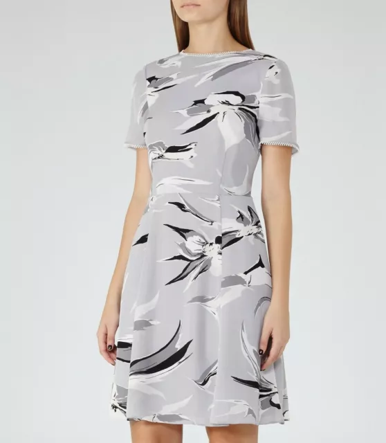 REISS Bronte Printed Silk Dress - Grey/Black (UK 10)