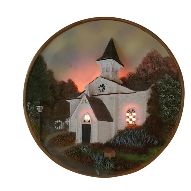 Vintage Lighted 3D Round Plate Church Scene Nightlight Lamp Working Home Décor