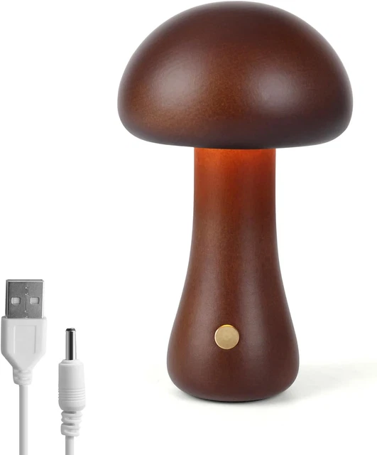 MUSHROOM LAMP WOODEN, Portable Dimmable Bedside Lamp with USB Charging