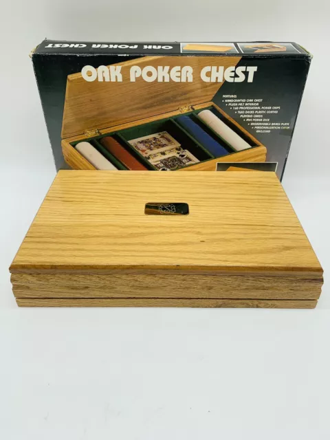 Vtg Solid Oak Poker Chest Chips Cards Brass Name Plate Dry Branch Wooden Box NEW