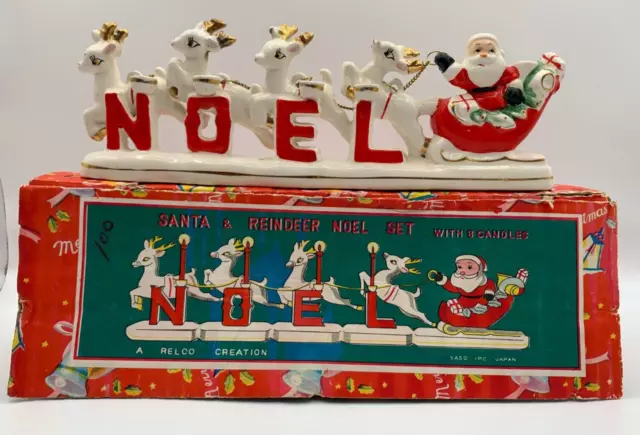 Relco Santa Sleigh Chained Reindeer NOEL Candleholder w/Box Candles 1950s Japan 2