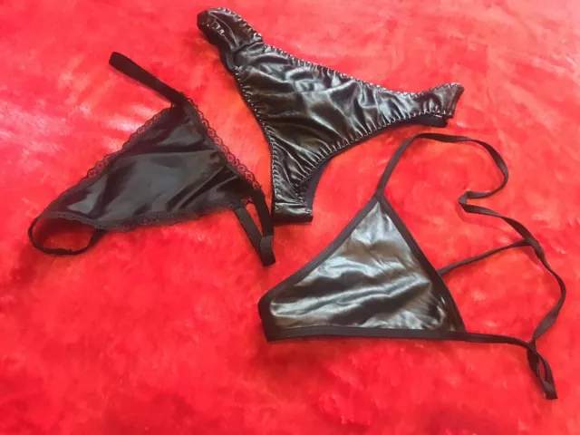 New Ann Summers 3 Pairs Womens Sexy Pvc Black Thong Briefs M/L