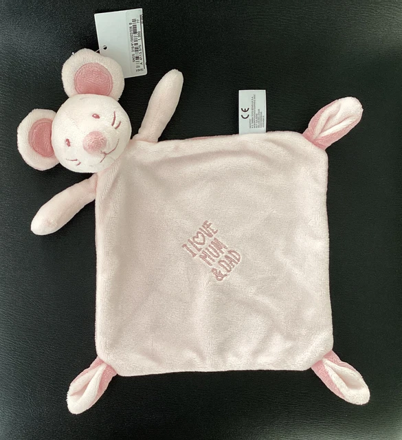 Doudou Plat Mouchoir Souris Rose I Love Mum Dad Losange Brodé Nicotoy