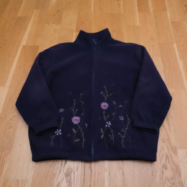 Vintage Floral Navy Blue Fleece Jumper M L Full Zip Floral Embroidered 90s Y2K