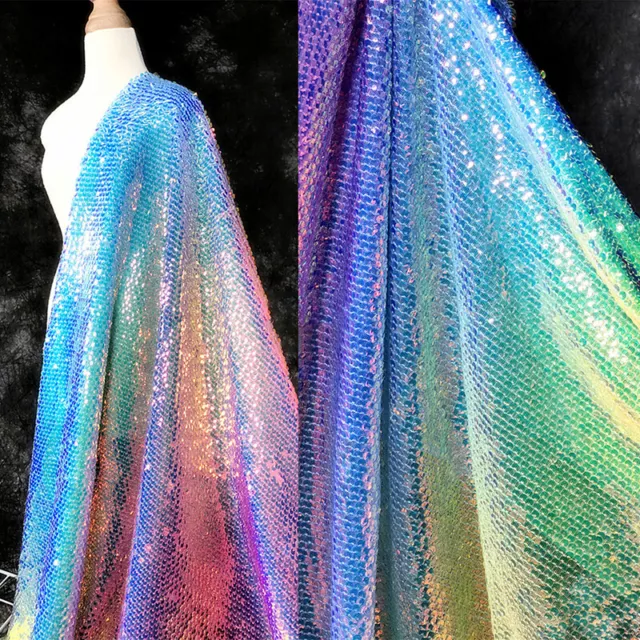 DIY Gradient Color Rainbow Shiny Materials Sequin Fish Scale Fabric for Dress