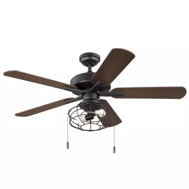 52" Black Industrial Cage Ceiling Fan, 5 Reversible Blades, LED Bulbs Included