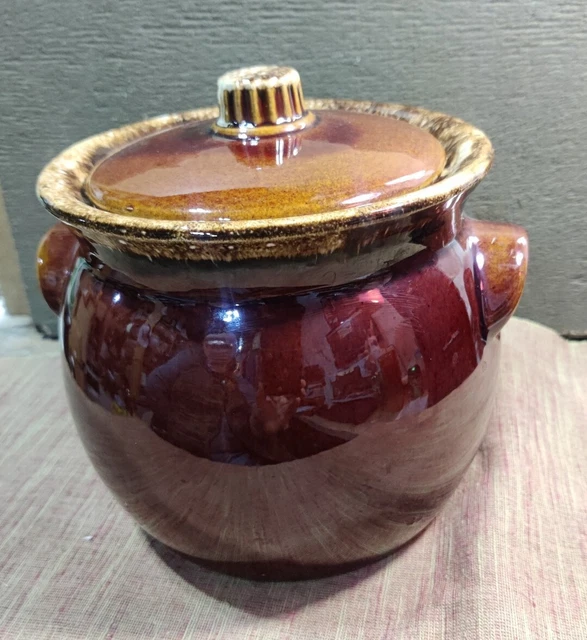 VINTAGE 2 QUART Hull USA Oven Proof Pottery Brown Drip Glaze Bean Pot