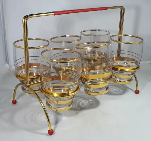 VINTAGE RETRO 1950-60s GILDED 6 TUMBLER DRINKING GLASSES WIRE STAND KITSCH