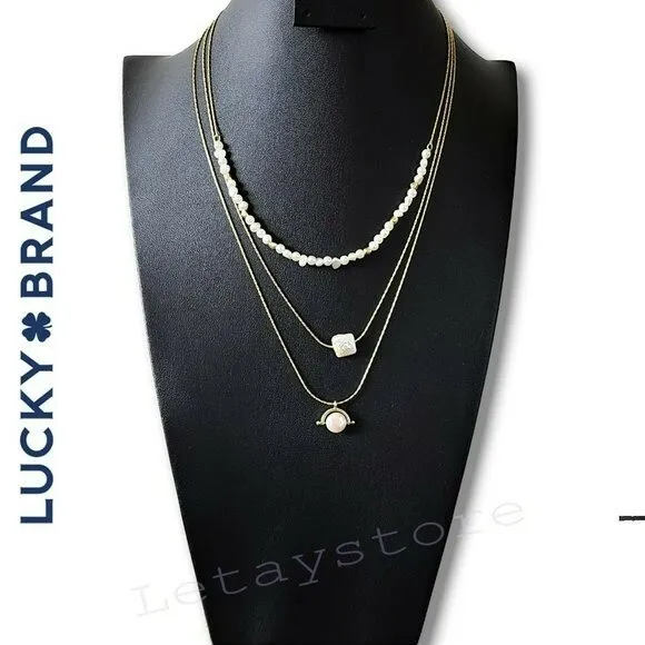NWT LUCKY BRAND Layered 3 Strand Pearl Gold Tone Pendant Necklace