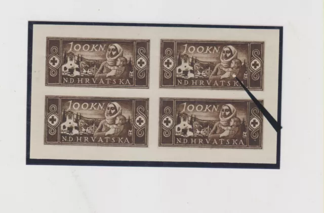 CROATIA,WW II ,1945,red cross,not issued proof bloc of 4, MNH plate error RRR #