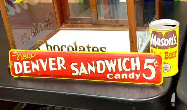 VINTAGE 1940's (DENVER SANDWICH CANDY) METAL ADVERTISING SIGN, (20"x 3") SCARCE