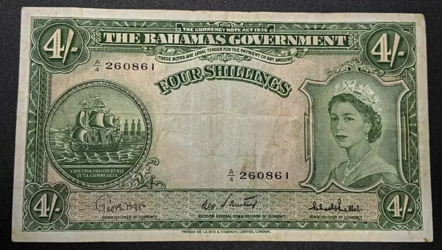 1953 Bahamas Government 4 Shillings Bank Note – V F