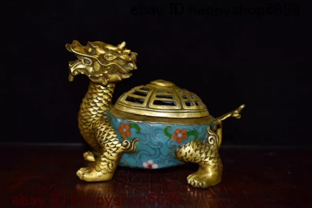 China Bronze Gilt Cloisonne Dragon Turtle Tortoise Statue Incense Burner Censer