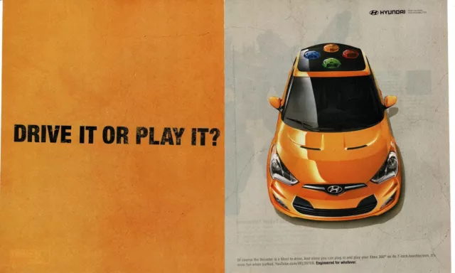 2011 Hyundai Veloster orange 2-page Vintage Print Ad Drive It Or Play It