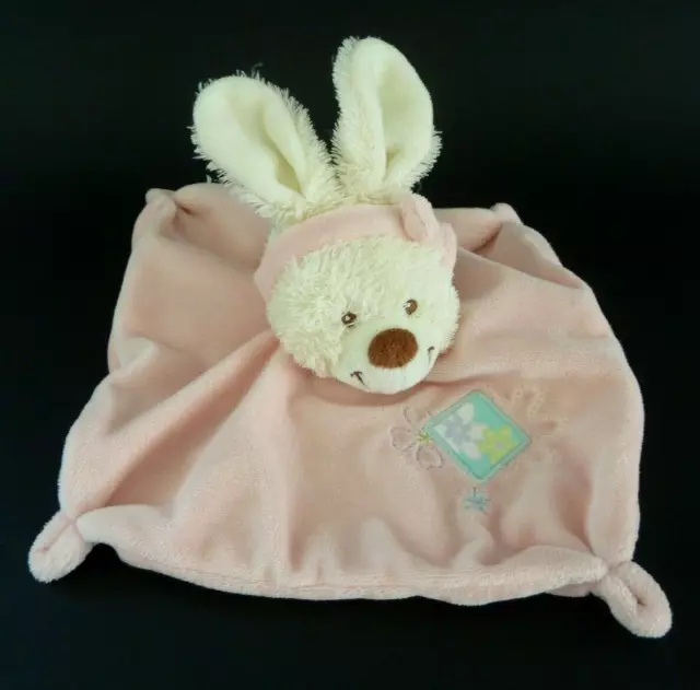 B. DOUDOU PLAT TEX BABY LAPIN ROSE BLANC ECRU bandeau noeud fleur EXCELLENT ETAT