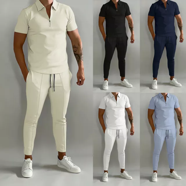 Mens Summer Co-ord Set Short Sleeve Zipper Shirts Long Pants Tracksuit Outfits