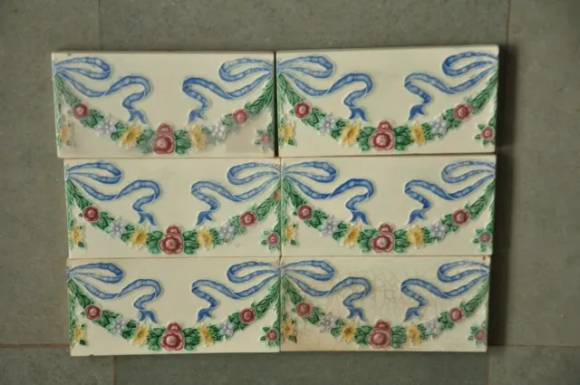 6 Pc Vintage Majolica Flower Garland Design Colorful Ceramic Tiles,Japan 2