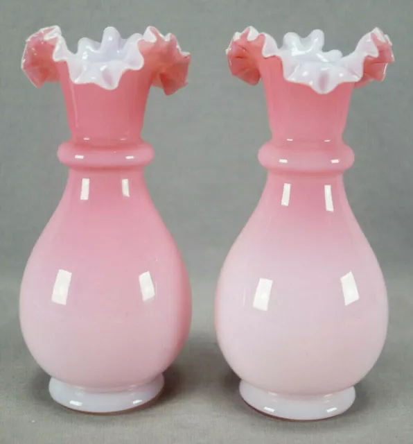 Pair of Victorian Pink Cased White Peach Blow Glass 6 3/4 Inch Ruffled Rim Vases