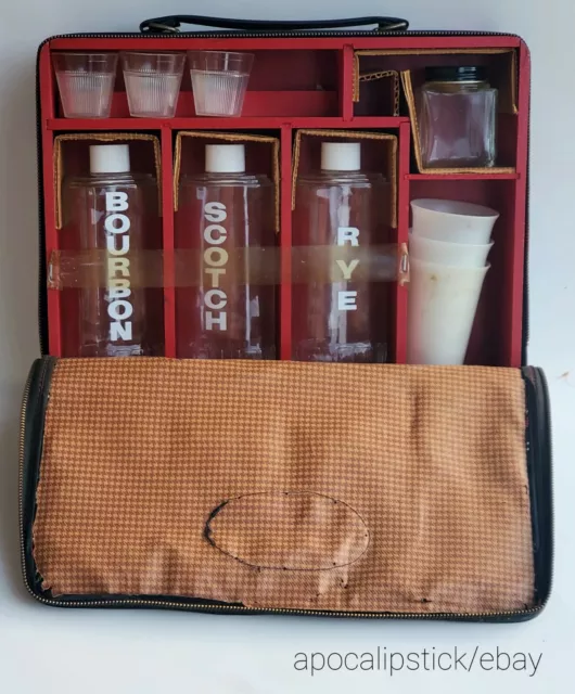 Vintage Bourbon Scotch & Rye Glass Bottles Travel Bar Set Tartan Plaid Case