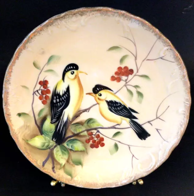 Gold Finch Plate Hand Painted Signed Vintage Brushed Gold Border Enesco
