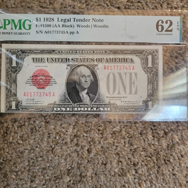 💎1928🇵🇷 NOTE $1 Legal Tender  FUNNYBACK "Red Seal"-PMG 62 EPQ - Rare UNC💥