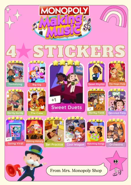 ALL Monopoly Go 4 Star Sticker Card AVAILABLE⭐️⭐️⭐️⭐️ (Making Music Album)