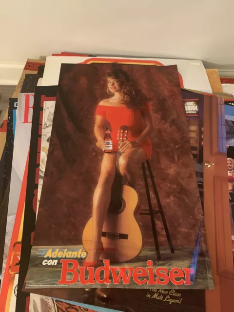 Vintage Poster 18”x30” Bud Budweiser 1990 Adelante Con Guitar Model Beer Ad