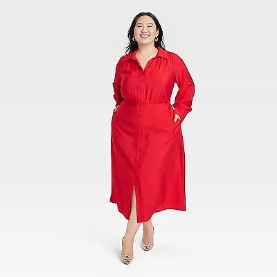 Women's Long Sleeve Collared Midi Crepe Shirtdress - A New Day Red 3X