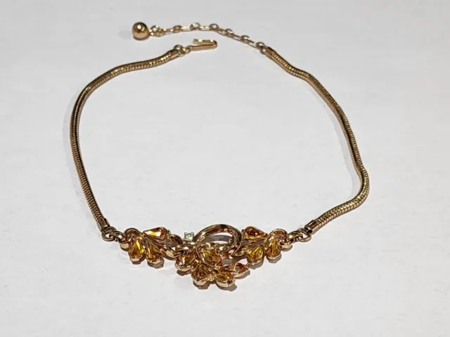 Vintage Crown Trifari Citrine Amber Topaz Rhinestone Gold Tone Necklace