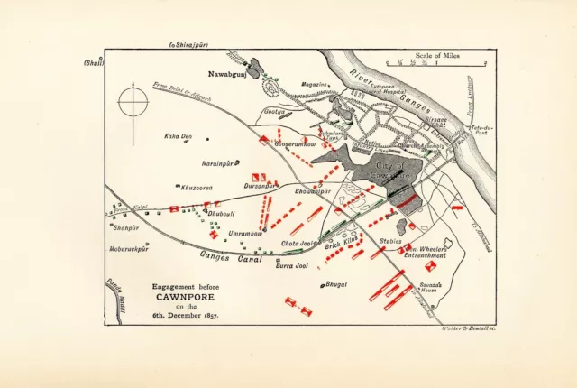 Antique Colour Map Battle Plan Engagement Before Cawnpore Indian Mutiny 1857