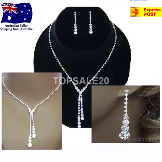 Silver Crystal Drop Necklace Wedding Bridal Rhinestone Earrings Jewelry Set