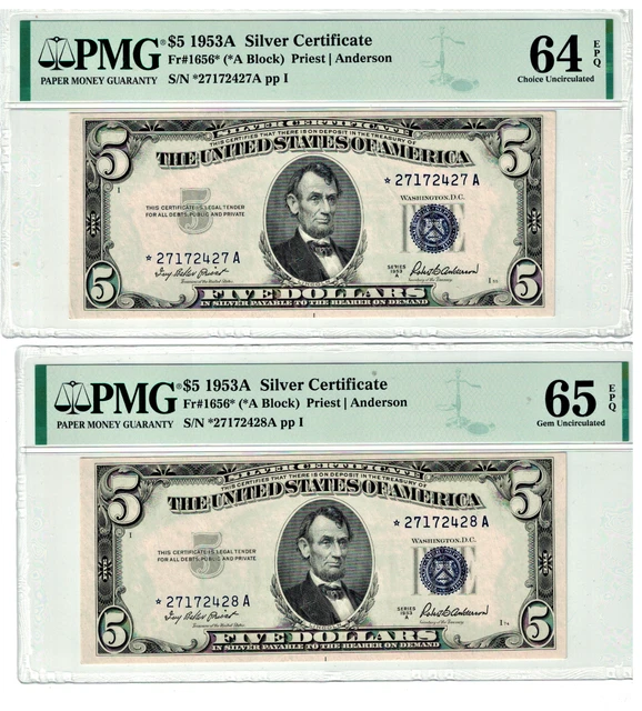 1953 A $5 SILVER CER. STAR FR.1656* 2 Consec. PMG 64 EPQ & 65 EPQ