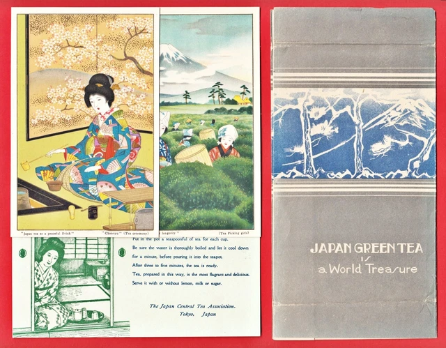 Old JAPAN Japanese 2 Postcards Folder Geisha Green Tea Women Picking Tea Leaf
