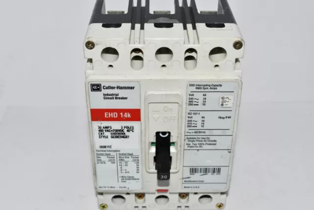 Interruptor circuito Eaton Cutler Hammer EHD3030L EHD 14L 30A 3 polos 480VAC 250VDC 663