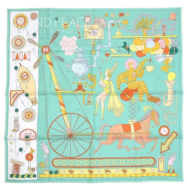 Hermes CARRES 90 Scarf Tea For Two Veil Jade/White/Jaune Silk 100 Brand Piece