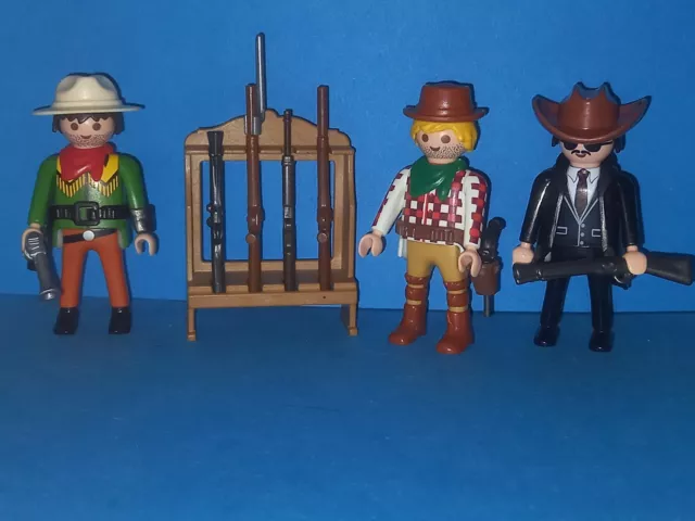 Playmobil 3x Cowboys Figuren mit Waffen & Waffenregal mit Extra Waffen Western