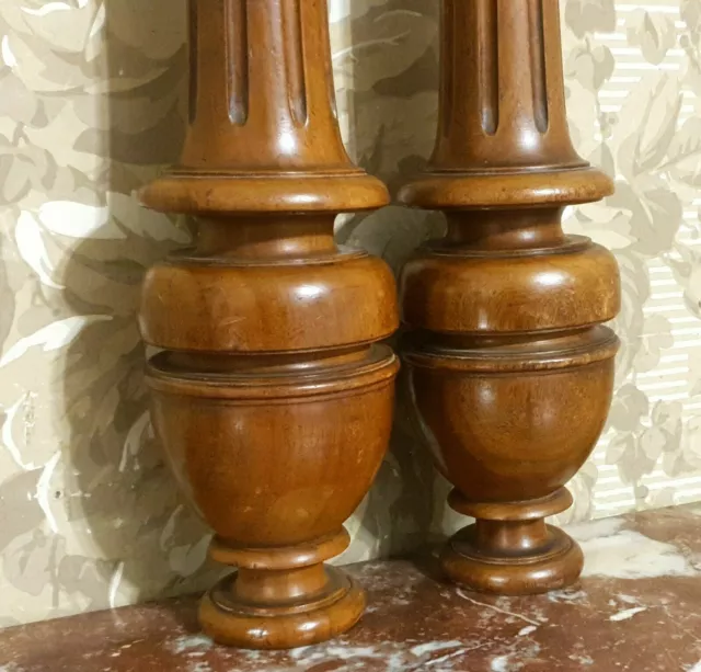 Pair spindle baluster wood turned column Antique french architectural salvage 15 3