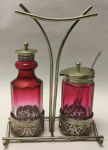 Beautiful Antique Cranberry Glass 2 pc Castor/Cruet Condiment Set w Spoon~EPNS