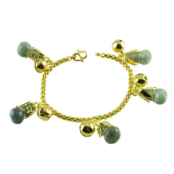 1 Bracelet Plaqué Or Suspendu 5 Pièces De Jade Calabash 7 Pouces Or Jaune 24K