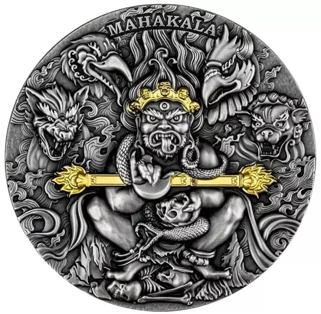 2020 Mahakala 2 oz Pure Silver High Relief Antiqued Coin With Selective Gold