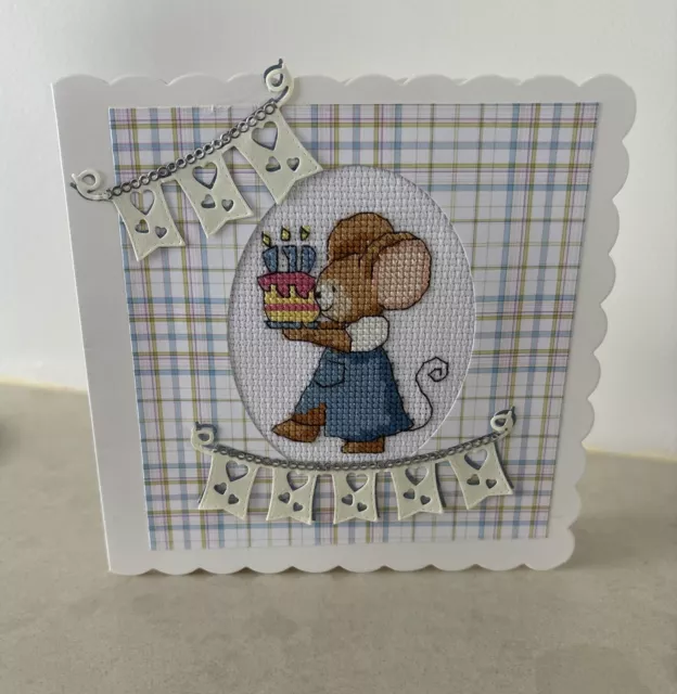 Cute Mouse Hand Stitched Cross Stitch Birthday Card **NEW**