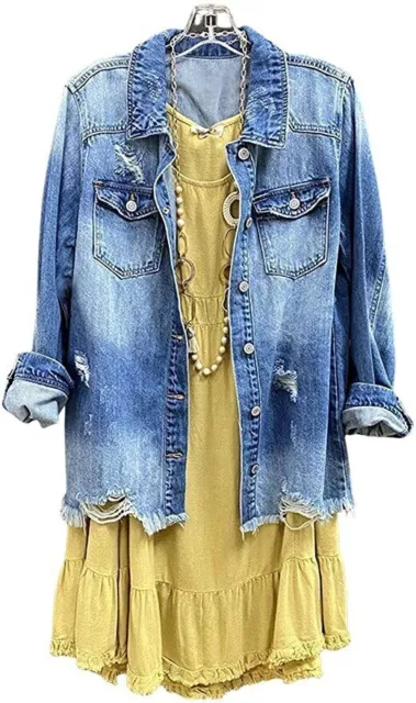 Women's Casual Distressed Long Sleeve Button Down Shirt Ripped Denim Jacket