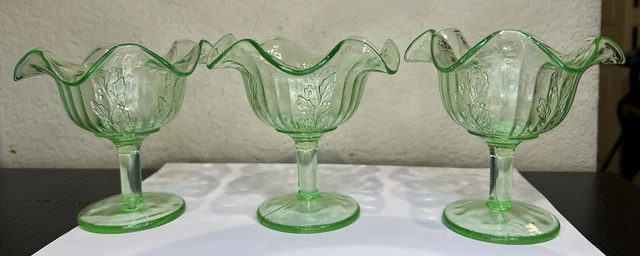 Green Uranium Depression Glass Vaseline Sherbet Bowls Dish Ice Cream (set of 3)