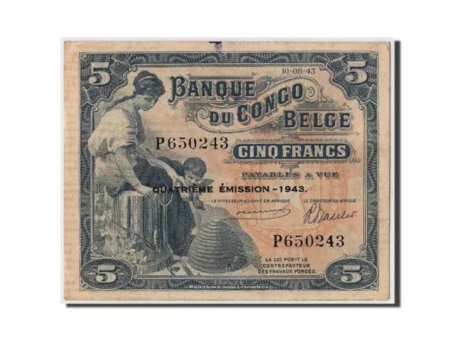 [#306442] Banknote, Belgian Congo, 5 Francs, 1943, 1943-08-10, EF(40-45)
