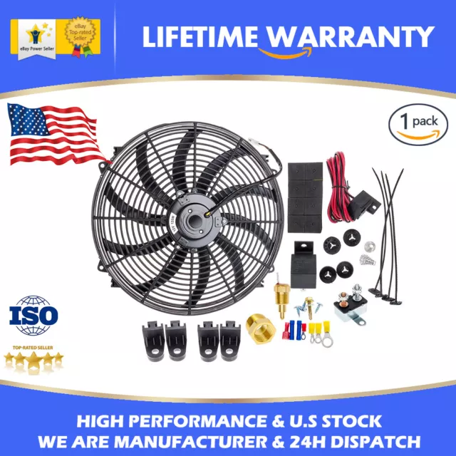 16" Inch Electric Radiator Cooling Fan 12V 3500CFM Relay Thermostat Switch Kit