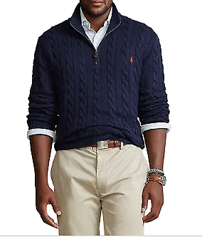 Polo Ralph Lauren Men's Navy Big & Tall Cable Knit Cotton Zip Sweater, US 3LT