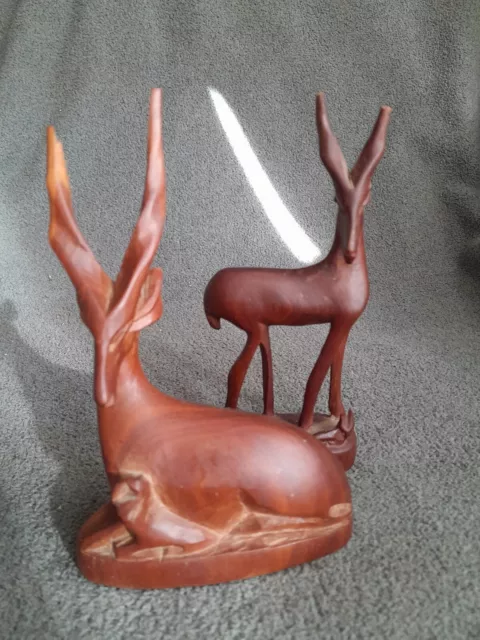 Vintage Pair Of Mid Century Hand Carved Wooden African Antelope/Gazelles 6"