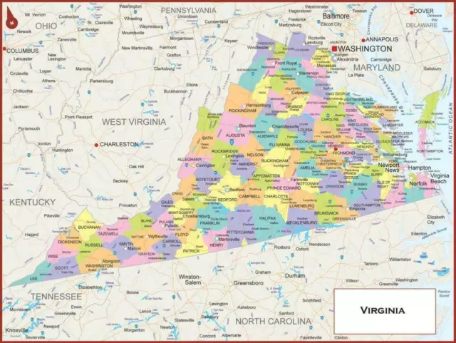 VIRGINIA STATE ROAD MAP GLOSSY POSTER PICTURE PHOTO PRINT city county 3440