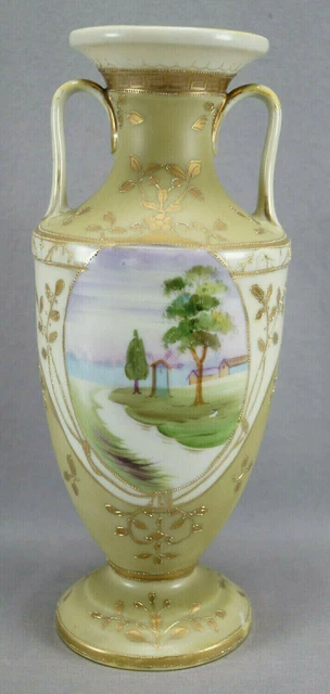 Nippon Hand Painted Windmill Landscape Scene Olive Green Gold Beaded 12 1/8 Vase